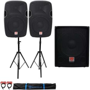 imageRockville SPGN128 Bundle 2 12 1200W Peak 300W RMS Passive DJ PA Speakers SBG1154 15 800W 4Ohm Passive Subwoofer with Pole Mount 2 RVSS2TSNL4 Tripod Stands 20 ft SpeakOn Cables 5Items