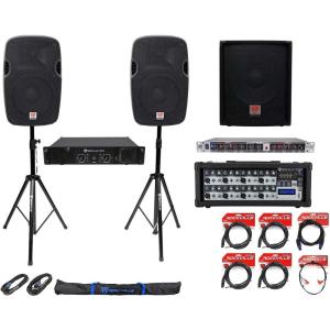 imageRockville SPGN128 Bundle 2 12 in 1200Watt Passive DJ PA Speakers SBG1154 15 in Subwoofer Tripod Stands RX230 Crossover RPM85 Powered Mixer RPA9 Amplifier Audio Cables 14Items