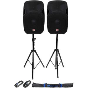 imageRockville SPGN154 Bundle 2 15 Passive 1600W DJ PA Speakers 400W RMS 4 Ohm TwistLock Speakon Input 1 Pair Tripod Stands 2 20ft 14Speakon Cables 5Items