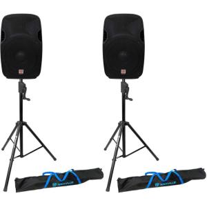 imageRockville SPGN158 Bundle 2 15in Passive 1600Watt400W RMS DJ PA Speakers 2 RVCS2 HeavyDuty Adjustable CrankUp Tripod Speaker Stands with Carry Bag 4Items