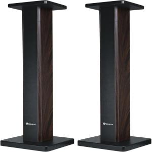 imageRockville Pair RHT28 28 Inch Bookshelf Speaker Stands 60 lbs Capacity Surround Sound Home Theater Premium Wood Dual Top Plates SandFillable for Audiophiles and Studio MonitorsDark Wood