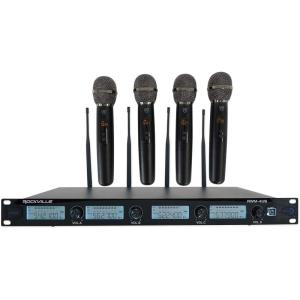 imageRockville RWM4US Quad Wireless UHF 4 Microphone System 80 Channels Adjustable Frequency Metal Build RackMount for Live EventsKaraoke