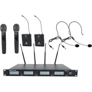 imageRockville RWM4Z Quad Wireless UHF HandheldHeadset Microphone System 4 Mics 20 Adjustable Frequencies LCD Display Metal Build for Karaoke and Live Events