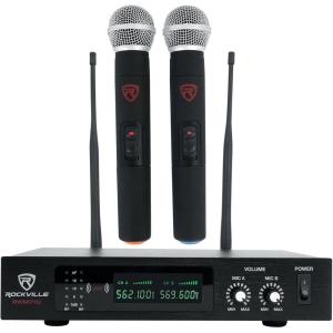 imageRockville RWM71U Dual UHF Wireless Handheld Microphone System Metal Receiver 400ft Range Auto Sync LCD Display XLR  14 Output RubberCoated Mics for Live Performances and Presentations