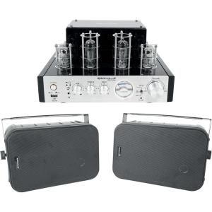 imageRockville BluTube Bundle 70Watt Tube Amplifier Home Theater Stereo Receiver with Bluetooth Pair of HP65S8 Black 65in IndoorOutdoor Swivel Speakers 8Ohm 2Items