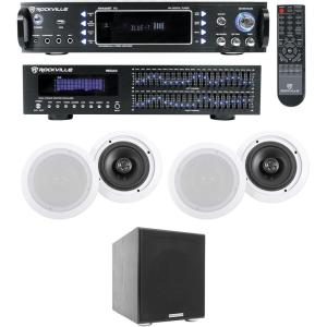 imageRockville Bundle RPA60BT V2 1000W 2ch Bluetooth Amplifier Mixer Bundle with 2x21 Band Rack Mount Equalizer 2 Pair 65 500W inCeiling Speakers amp Rock Shaker 8 Home Theater Subwoofer 5 Items