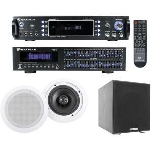 imageRockville Bundle RPA60BT V2 1000W 2ch Bluetooth Amplifier Mixer Bundle with 2x21 Band Rack Mount Equalizer Pair 65 500W 8Ohm InCeiling Speakers amp Rock Shaker 8 Home Theater Subwoofer 4 items