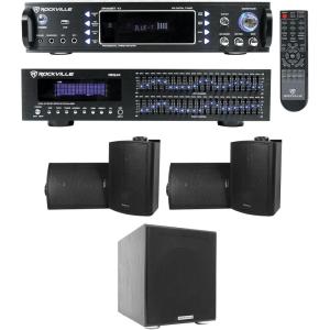 imageRockville Bundle RPA60BT V2 1000W 2ch Bluetooth Amplifier Mixer Bundle with 2x21 band Rack Mount Equalizer 4 525 Black Wall Mount Home Speakers amp Rock Shaker 8 Home Theater Subwoofer 5 items