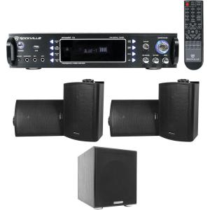 imageRockville Bundle RPA60BT V2 1000W 2ch Bluetooth DJ Amplifier Mixer Bundle with 4 HP5S8 BK Black 525 8Ohm Wall Mount Home Speakers amp Rock Shaker 8 Black 400W Home Theater Subwoofer 4 Items
