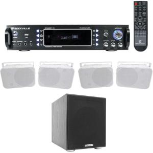 imageRockville Bundle RPA60BT V2 1000W 2ch Bluetooth DJ Amplifier Mixer Bundle with 4 HP65S8 65 Home Theater Speakers wSwivel Bracket amp Rock Shaker 8 Black 400W Home Theater Subwoofer 4 Items