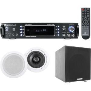 imageRockville Bundle RPA60BT V2 1000W 2ch Bluetooth DJ Amplifier Mixer Bundle with Pair HC655 65 500W 8Ohm inCeiling Home Speakers amp Rock Shaker 8 Black 400W Home Theater Subwoofer 3 Items