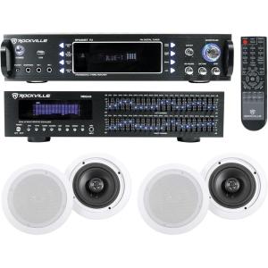 imageRockville Bundle RPA60BT V2 1000W 2ch Bluetooth DJ Amplifier Mixer Bundle with REQ42B Black 19 Rack Mount Band Equalizer amp 2 Pair HC655 65 500W 8Ohm InCeiling Home Theater Speakers 4 items