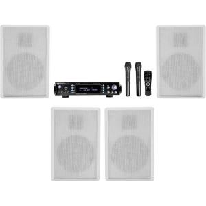 imageRockville Bundle RPA70WBT V2 1000w 2Ch USB Bluetooth AmplifierMixer2 Mics for RestaurantBarCafe Bundle with 2 Pair RockSlim White Home Theater 525 240w Wall Mount Slim Speakers 3 Items