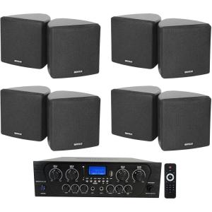imageRockville RPA40BT Bundle 1000W 4ZoneChannel Home Stereo Bluetooth Amplifier Receiver 4 Cube 35 in Black Home Theater Wall Speakers with Swivel Brackets 5Items