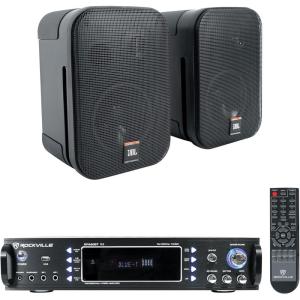 imageRockville RPA60BT Home Theater Bluetooth Receiver Amplifier Bundle with 2 JBL C1PRO Control 1 PRO Black 525 Wall Mount HomeCommercial Speakers