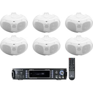 imageRockville RPA60BT V2 Bundle 2Channel 1000Watt Bluetooth Amplifier Mixer 6 D416 White Dual 4 in 16 Ohm Swivel Outdoor Patio Speakers Home Audio System 7 Items