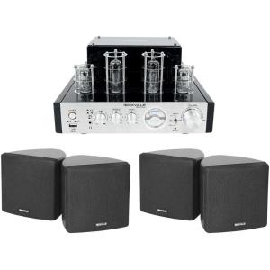 imageRockville BluTube Bundle Home Theater Stereo Tube Amplifier Receiver with Bluetooth 2 Cube 35 in Black Wall Speaker Pairs with Swivel Brackets 3Items
