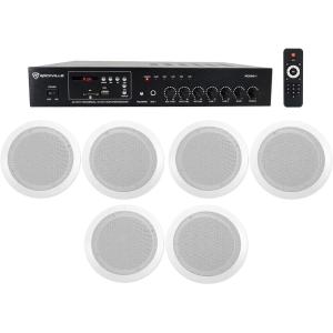 imageRockville CC65T Bundle 6 65 in 70V White Ceiling Speakers for Home Audio Bedroom Living Room RCS801 60 Watt Bluetooth Amplifier Receiver 7Items
