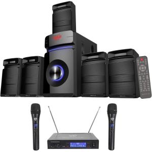 imageRockville HTS45 Bundle 800Watt 51Channel Bluetooth Home Theater Audio System with 525 Subwoofer RWM1203VH VHF Wireless Dual Handheld Microphone System with Digital Display 2Items