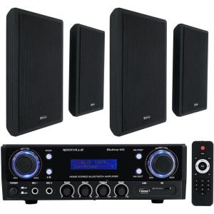 imageRockville RockSlim Black Bundle 4 525 in 240W Peak Wall Mount Home Theater Speakers BLUAMP 100 Bluetooth Amplifier Mic Input RCA Output for Home Audio Living Room or TV Setup 5 Items