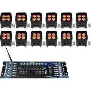 imageRockville Best PAR 50 Bundle 12 Rechargeable Par Can Wash Lights with Wireless DMX RGBWA UV ROCKFORCE W2 192Channel Wireless 24GHz DMX Lighting Controller 13Items