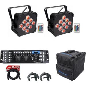 imageRockville Best PAR 60 Bundle 2 Wireless RGBWAUV LED Wash Lights RLB40 Padded Travel Bag 2 LC70 Heavy Duty CClamps ROCKFORCE 192 Lighting Controller RDX3M25 DMX Cable 7Items