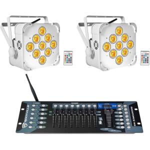 imageRockville Best PAR 60 White Bundle 2 RGBWAUV Battery Powered Wireless DMX Wash Par Lights ROCKFORCE W2 192Channel Wireless DMX Lighting Controller 3Items