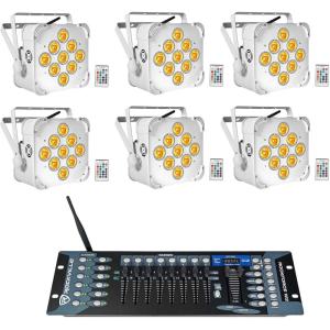 imageRockville Best PAR 60 White Bundle 6 RGBWAUV Battery Powered Rechargeable Wireless Wash Par Lights ROCKFORCE W2 192 Channel 24Ghz DMX Lighting Controller 7Items