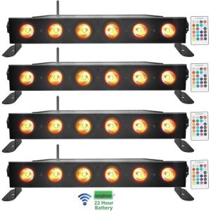 imageRockville Best Strip 60 Black 36W Rechargeable Wash Light Bar 6x6W RGBWAUV LEDs Wireless DMX IRC Remote for Events and Stage Lighting 4piece