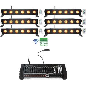 imageRockville Best Strip 60 Bundle 6 Rechargeable RGBWAUV Battery Powered Strip Wash Light Bars ROCKFORCE W4 384Channel Wireless DMX Controller 7Items
