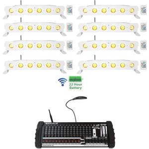 imageRockville Best Strip 60 Bundle 8 Rechargeable White Wash Light Bars with Wireless DMX RGBWAUV ROCKFORCE W4 384 Channel Wireless DMX Controller with MIDI 9Items