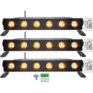 imageRockville Best Strip 60 Rechargeable LED Wash Light Bar Wireless DMX RGBWA UV 8800mAh Battery 6500 Lux IRC Remote for DJs Stage and Event Lighting 3Piece