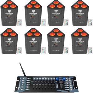 imageRockville RockWedge Bundle 8 RockWedge 54Watt RGBWAUV Rechargeable Wireless DMX Par Lights ROCKFORCE W2 192Channel Wireless 24GHz DMX Lighting Controller 9Items