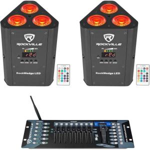 imageRockville RockWedge LED Bundle 2 54W RGBWAUV Battery Powered Wireless DMX Par Lights with Remotes Sound and Auto Modes ROCKFORCE W2 192 Channel 24GHz DMX Lighting Controller 3Items