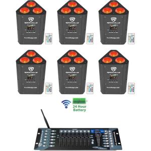 imageRockville RockWedge LED Bundle 6 54Watt RGBWA UV Rechargeable Battery Par Lights ROCKFORCE W2 192Channel Wireless 24Ghz DMX Lighting Controller IRC Remote 7Items
