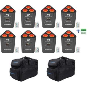 imageRockville RockWedge LED Bundle 8 RockWedge 54Watt RGBWAUV Rechargeable Wireless DMX LED Par Lights 2 RLB30 Bag for 4 Slim PAR Fixtures amp Controller 10Items
