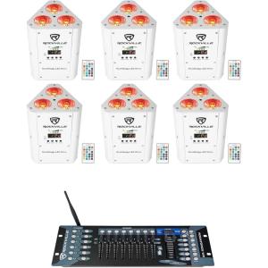 imageRockville RockWedge LED White Bundle 6 RGBWAUV Rechargeable Wireless DMX Wash DJ UpLights ROCKFORCE W2 192 Channel Wireless 24GHz DMX Lighting Controller 7Items