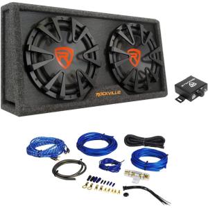 imageRockville Car Audio Bundle RG212CA Dual 12 Slim Vented Powered Subwoofer Enclosure 2000Watt Builtin Amplifier with RWK81 8Gauge Complete Amp Installation Kit 100 Copper RCA 2Items