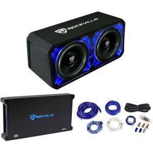 imageRockville DV12K6D2 Bundle Dual 12 in 4800W Peak 1200W RMS Car Audio Subwoofers Plexi Enclosure dB15 6000W Mono 2 Ohm Amplifier RWK01 0 Gauge Complete Amp Wiring Kit 3Items