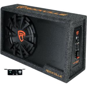 imageRockville RVS12A 1400W Peak  350W RMS 12 Slim Vented Powered Car Subwoofer Enclosure 4Ohm Remote Bass Knob Subsonic Filter MDF Build for Car Audio