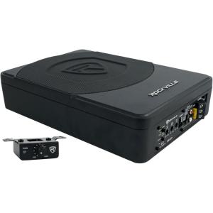 imageRockville Slim UnderSeat Powered Subwoofer Builtin Amplifier Aluminum Enclosure Remote Perfect for CarTruck Audio 6510