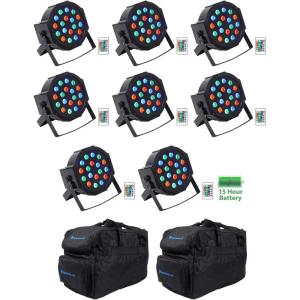 imageRockville Battery PAR 50 Bundle 8 Rechargeable RGB DMX LED Uplights with Remote Control 2 RLB30 Carry Bags for Slim Par Fixtures and Accessories for DJs Weddings Events 10Items