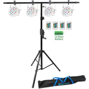 imageRockville Battery Par 50 Bundle 4 White Rechargeable LED DMX Wash Uplights with Remote RVCS2 HeavyDuty CrankUp Tripod Speaker Stand with Bag RCS52 Adjustable Lighting Cross Bar Stand 6Items
