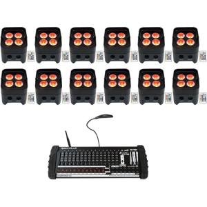 imageRockville Best PAR 50 Bundle 12 Rechargeable Par Can Wash Lights with Wireless DMX RGBWA UV ROCKFORCE W4 384Channel Wireless DMX Lighting Controller with MIDI 13Items