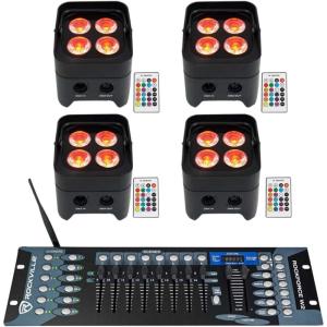 imageRockville Best PAR 50 Bundle 4 Rechargeable Par Can Wash Lights Wireless DMX RGBWA UV ROCKFORCE W2 192 Channel Wireless DMX Lighting Controller 5Items