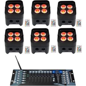 imageRockville Best PAR 50 Bundle 6 Rechargeable Par Can Wash Lights wWireless DMX RGBWAUV ROCKFORCE W2 192Channel Wireless 24GHz DMX Lighting Controller 7Items