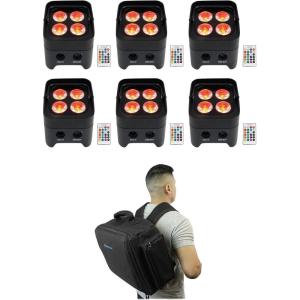 imageRockville Best PAR 50 Bundle 6 Rechargeable Par Wash Lights wWireless DMX RGBWAUV RLBP6 Padded Backpack for Par Lights 7Items