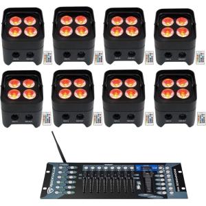 imageRockville Best PAR 50 Bundle 8 Rechargeable Par Can Wash Lights with Wireless DMX RGBWA UV ROCKFORCE W2 192 Channel Wireless DMX Lighting Controller 9Items