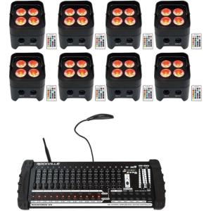 imageRockville Best PAR 50 Bundle 8 Rechargeable par can wash Lights with Wireless DMX RGBWA UV ROCKFORCE W4 384 Channel DMX Lighting Controller with MIDI 9Items