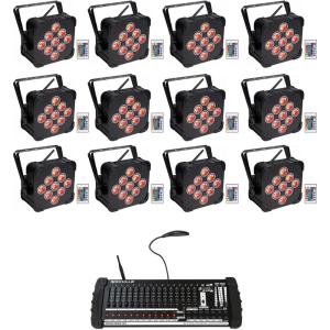 imageRockville Best PAR 60 Bundle 12 Rechargeable Par Can Wash Lights with RGBWA UV Wireless DMX ROCKFORCE W4 384Channel Wireless DMX Controller with MIDI 13Items